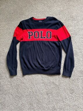 Ralph Lauren Navy and Red POLO Stripe Crewneck Sweater